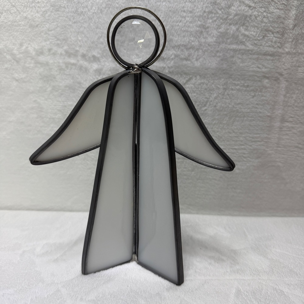 Vintage Handcrafted Stained Glass Angel Figurine White Opaque Crystal Head 8in